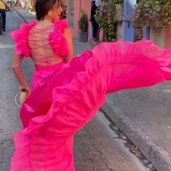Mac Duggal Dresses & Skirts - NWT Mac Duggal Ruffle Tiered Cut Out Chiffon Gown 67911 Hot Pink Size  4